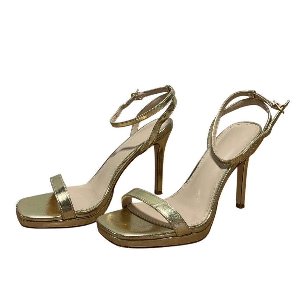 Elisabet Tang Womens Size 7.5 Gold 4" Heels Open Square Toe Ankle Strap Shoes